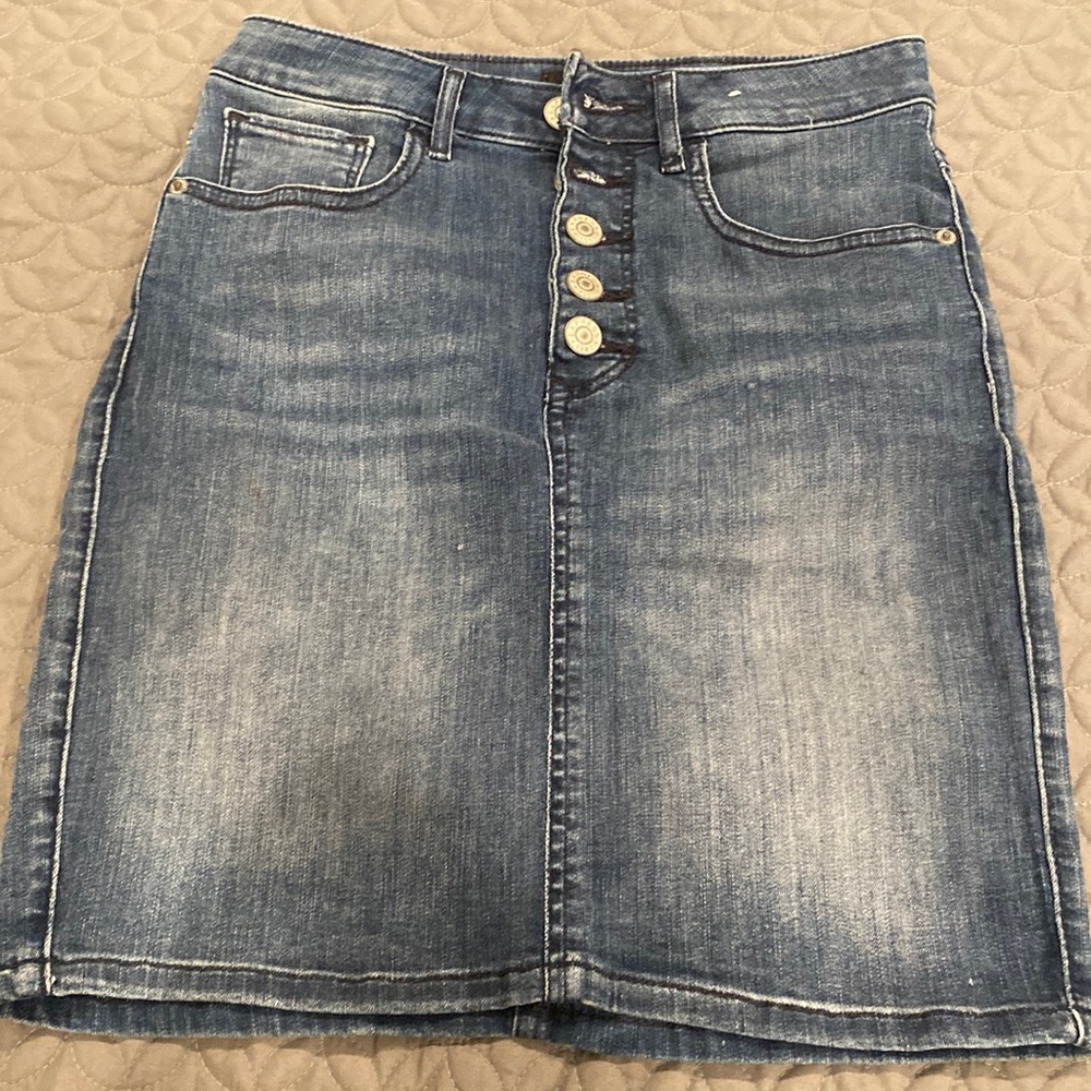 Express Women’s Denim Mini Skirt in Distressed Blue
